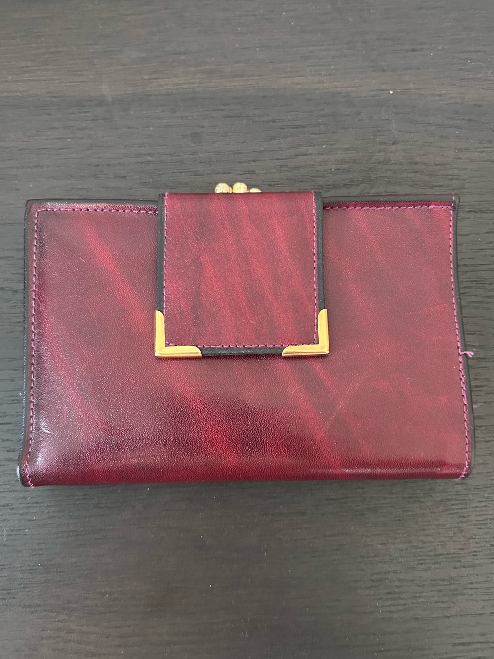 Di L'ido Vintage Burgundy Wallet Credit Card Kiss Lock Chain Purse Glove Cowhide
